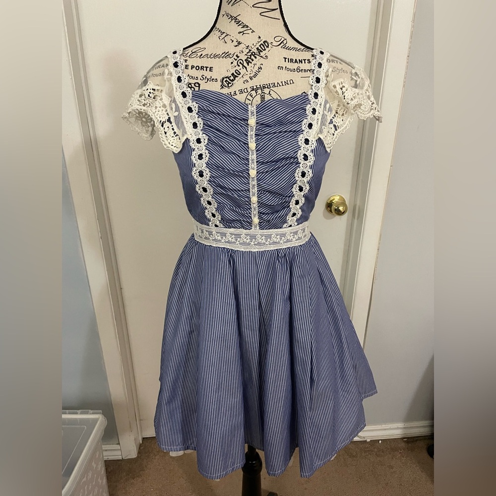 Secret honey Blue and White Striped Dress with Lace Details